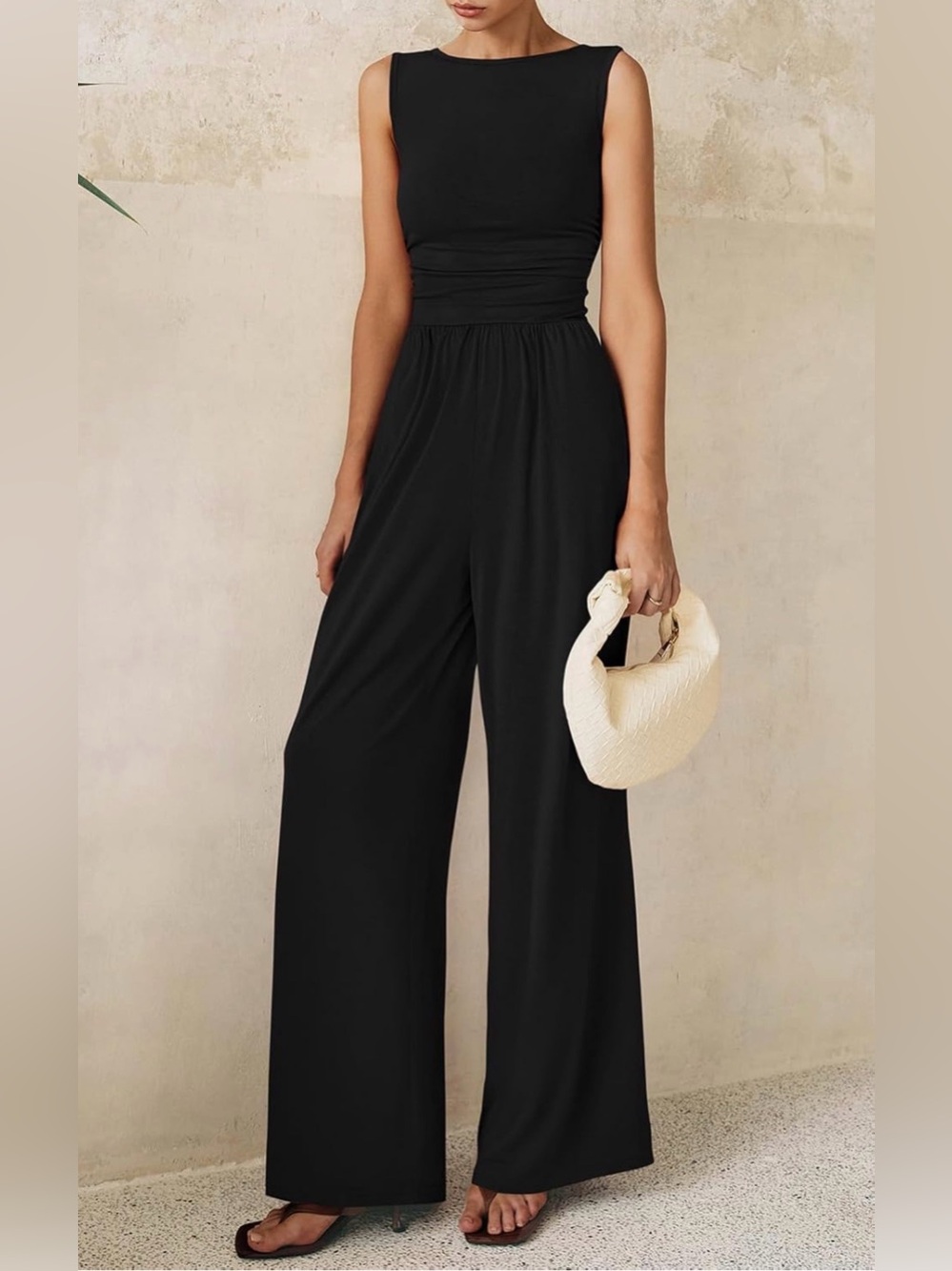 Sleeveless Black Wide-Leg Jumpsuit with Cinched Waist